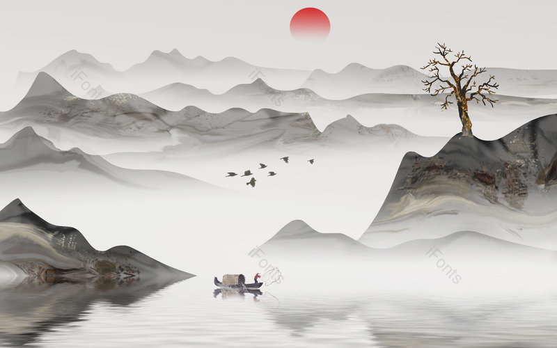 中国风夕阳手绘风景山水插画背景设计,插画/手绘图,插画/手绘图库,插画/手绘图下载,插画/手绘